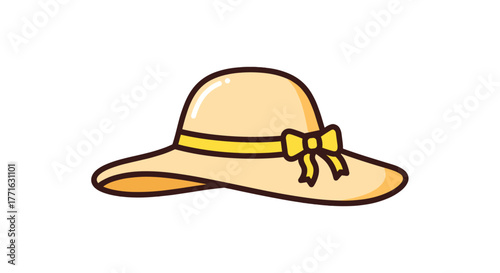 An elegant sun hat with a yellow ribbon tied in a bow, perfect for sunny days at the beach or a casual outdoor event.