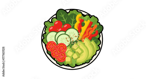 Vibrant and fresh salad illustration featuring ripe tomatoes, cucumber slices, and creamy avocado chunks, on a transparent background.