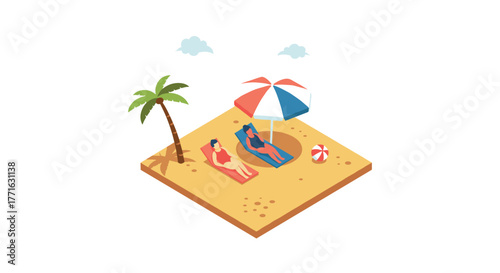 Relaxing beach scene with sunbathers and palm in isometric summer art