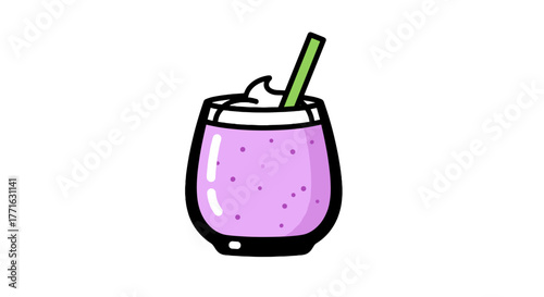 Illustration of a smoothie in a glass with a green straw, the drink is purple and it has a transparent background.