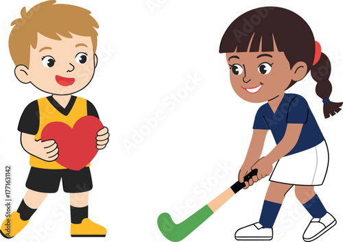 Cartoon children with heart and hockey stick, playful sports and friendship illustration, cute character design for emotional, athletic, and childhood-themed creative content