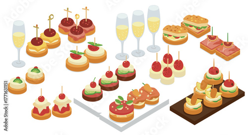Variety of colorful isometric party appetizers and champagne glasses