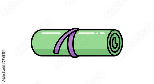 A cheerful illustration shows a rolled yoga mat, secured with a purple strap, set against a plain transparent background.