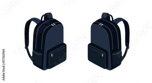 Dark backpack set in isometric style with zipper details on white background