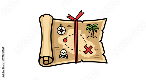 An illustration of a cartoon treasure map with pirate elements and a tied red ribbon, signaling adventure and discovery.