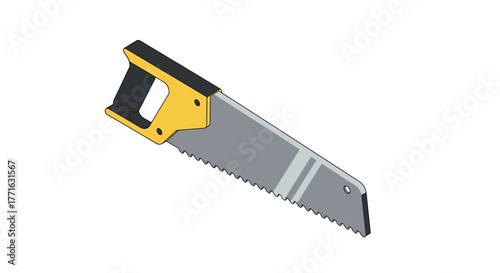 Isometric hand saw with yellow handle on white background