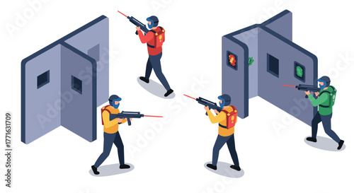 Isometric shooting game characters navigating tactical arena with laser guns