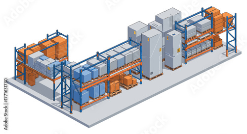 Isometric warehouse interior with industrial shelving and stacked boxes