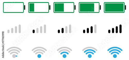 battery, wifi and mobile network icons in a clean, minimal style, ideal for apps, UI, UX and digital interfaces. Battery icon set. Wi-Fi icons Set. Battery, WiFi, network, icons.