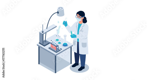 Scientist in laboratory conducting experiments with test tubes and beakers in modern isometric style