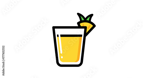 A refreshing glass of yellow juice adorned with a slice of pineapple, creating a vibrant and tropical vibe.