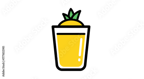 Illustration of a glass filled with a yellow drink, garnished with a slice of fruit and greenery on a transparent background.