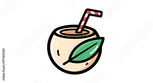 A refreshing coconut drink with a straw and leaf, perfect for a tropical getaway or a summer thirst quencher.