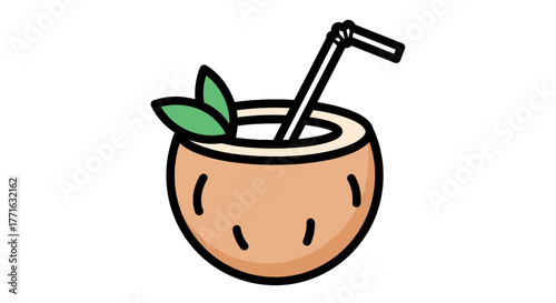 A tropical coconut cocktail illustration with a straw and leaf garnishes, inviting and perfect for summer refreshment. 