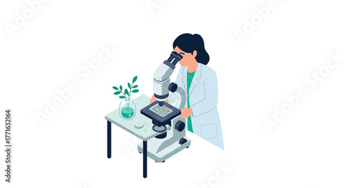 Scientist using microscope in laboratory with plant sample in isometric style