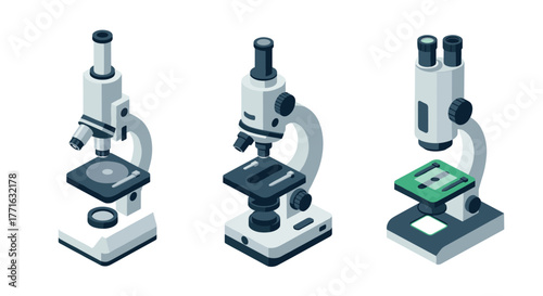 Isometric microscopes collection: science and laboratory equipment