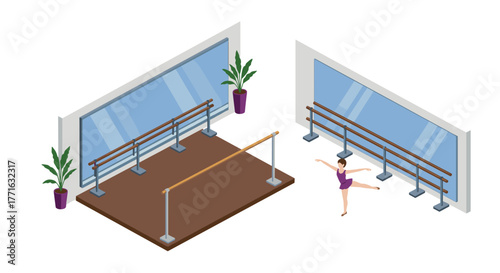 Isometric ballet studio with ballerina practicing near mirrors and barres
