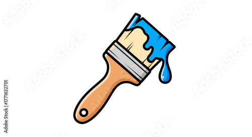 A paintbrush with a wooden handle drips vibrant blue paint, ready to add a splash of color to any creative project.