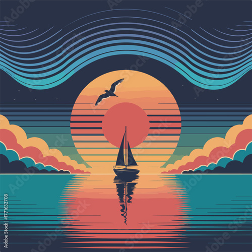 A romantic summer sunset silhouette on the tropical beach with a man on a boat and a man on the sand near the sea water