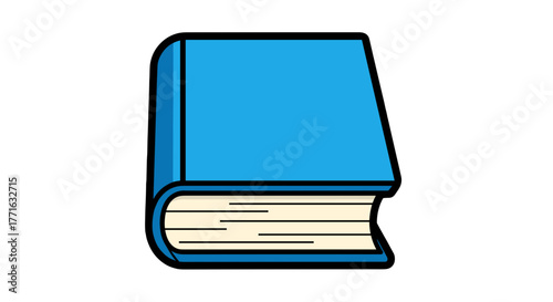 A whimsical, colorful illustration of a classic book, featuring a blue cover with black outlines on a transparent background.