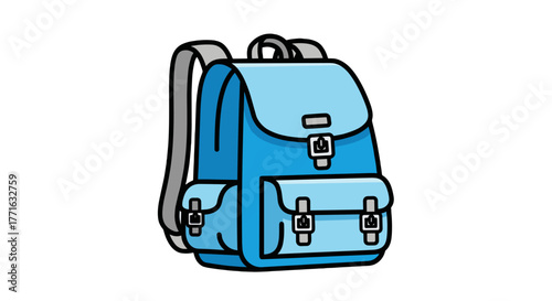 A blue backpack with gray straps and black outlines is standing on a transparent background, waiting for its next adventure.