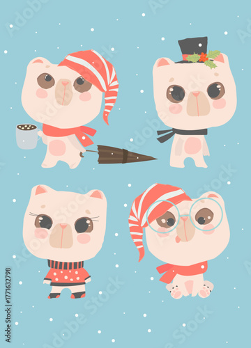 Set of Cute Polar Bears celebrating Christmas on Blue Background