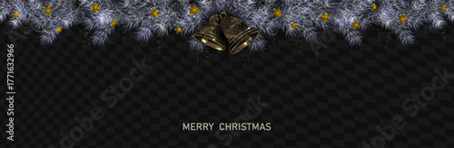 Merry Christmas 2026. Isolated garland with golden bells and stars.