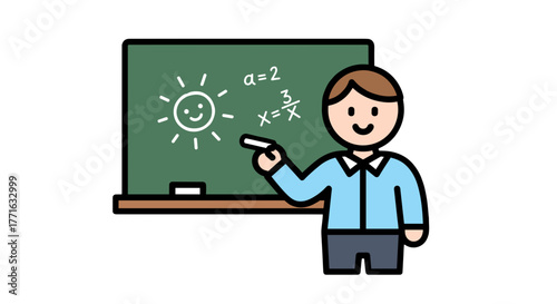 Smiling teacher explains math and draws a shining sun on the green chalkboard in the classroom, during elementary school.