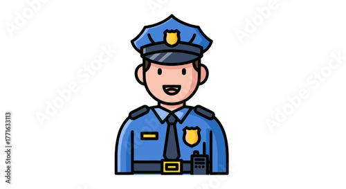 Illustration of a cheerful police officer in uniform, symbolizing safety, security, and community support.  