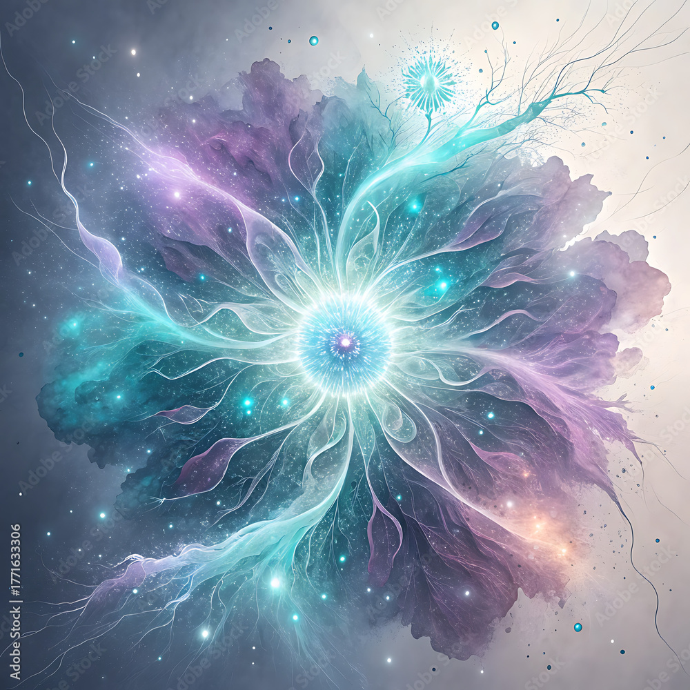 Obraz premium Vibrant abstract radial nebula with cosmic energy burst and starry background illustration