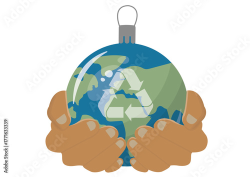 Hands Holding Earth Ornament isolated. Hands holding a globe Christmas ornament with a recycling symbol, representing global responsibility and sustainable holiday care. Flat style.Vector illustration