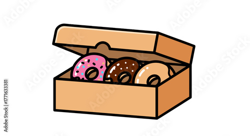 Three donuts with different frosting, pink with sprinkles, chocolate with sprinkles, and plain, inside a takeout box.