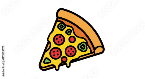 A vibrant, stylized pizza slice with pepperoni, peppers, and melted cheese drips against a stark transparent background.
