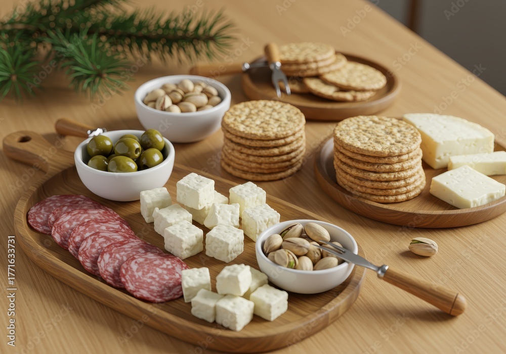 Fototapeta premium Gourmet appetizer assortment featuring cured meat, cheese cubes, olives, nuts, and crackers on wooden serving platters