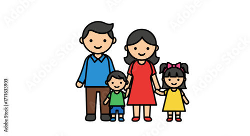 A happy cartoon family of four stands together against a transparent background, emanating warmth and unity. 