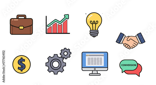 Visual elements representing business strategy, growth, ideas, collaboration, and financial success in digital commerce.