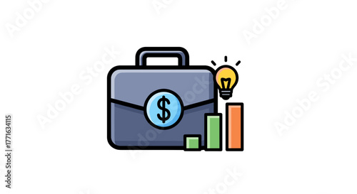 Financial strategy: briefcase with a dollar sign, growth chart, and bright lightbulb for ideas and money.