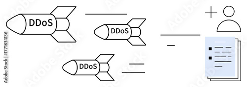 Three DDoS-labeled missiles targeting a user icon and a document represent cyber threats. Ideal for cybersecurity, threat awareness, attacks, DDoS, data protection, IT security, and hacking concepts