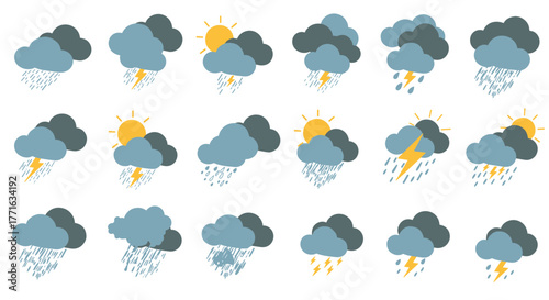 Variety of weather icons displaying sun, clouds, rain, and thunderstorms in a minimalist style