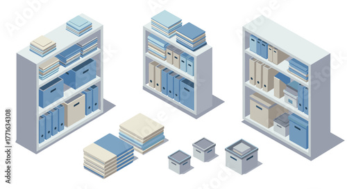 Isometric bookshelves with office supplies in pastel colors for modern workspace organization
