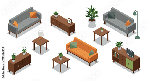 Contemporary isometric living room furniture set with plants and decor on white background