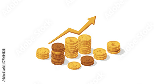 Growing business finances with stacked coins and upward arrow in isometric style