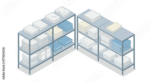 Isometric laundry room shelves with neatly stacked towels and linens