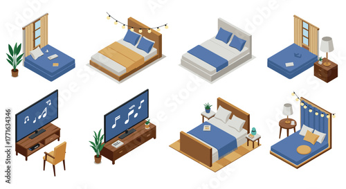 Isometric bedroom and living room furniture set with modern design elements