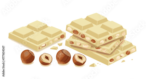 White chocolate and hazelnut treats: delicious slices and cracked nuts in realistic detail