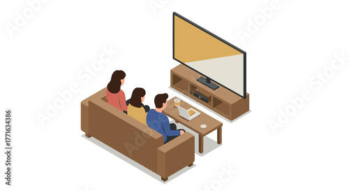 Family relaxing on sofa watching tv in modern isometric living room setup