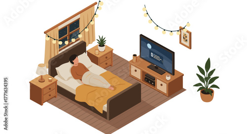 Cozy bedroom night routine with person watching tv and warm decor