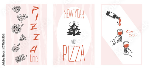 Pizza celebration poster set with wine, Christmas tree and slice lettering