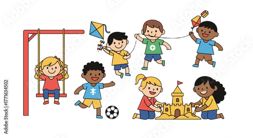 A group of kids are playing outdoor games. They are building a sand castle, flying a kite, playing on a swing, and soccer.