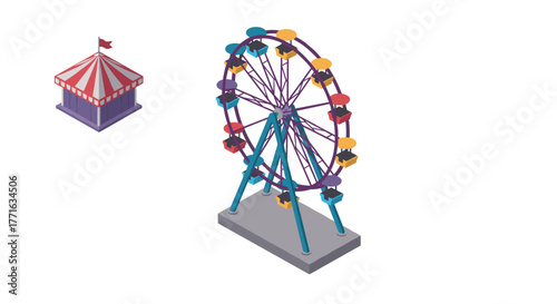 Colorful isometric ferris wheel and tent at a fairground